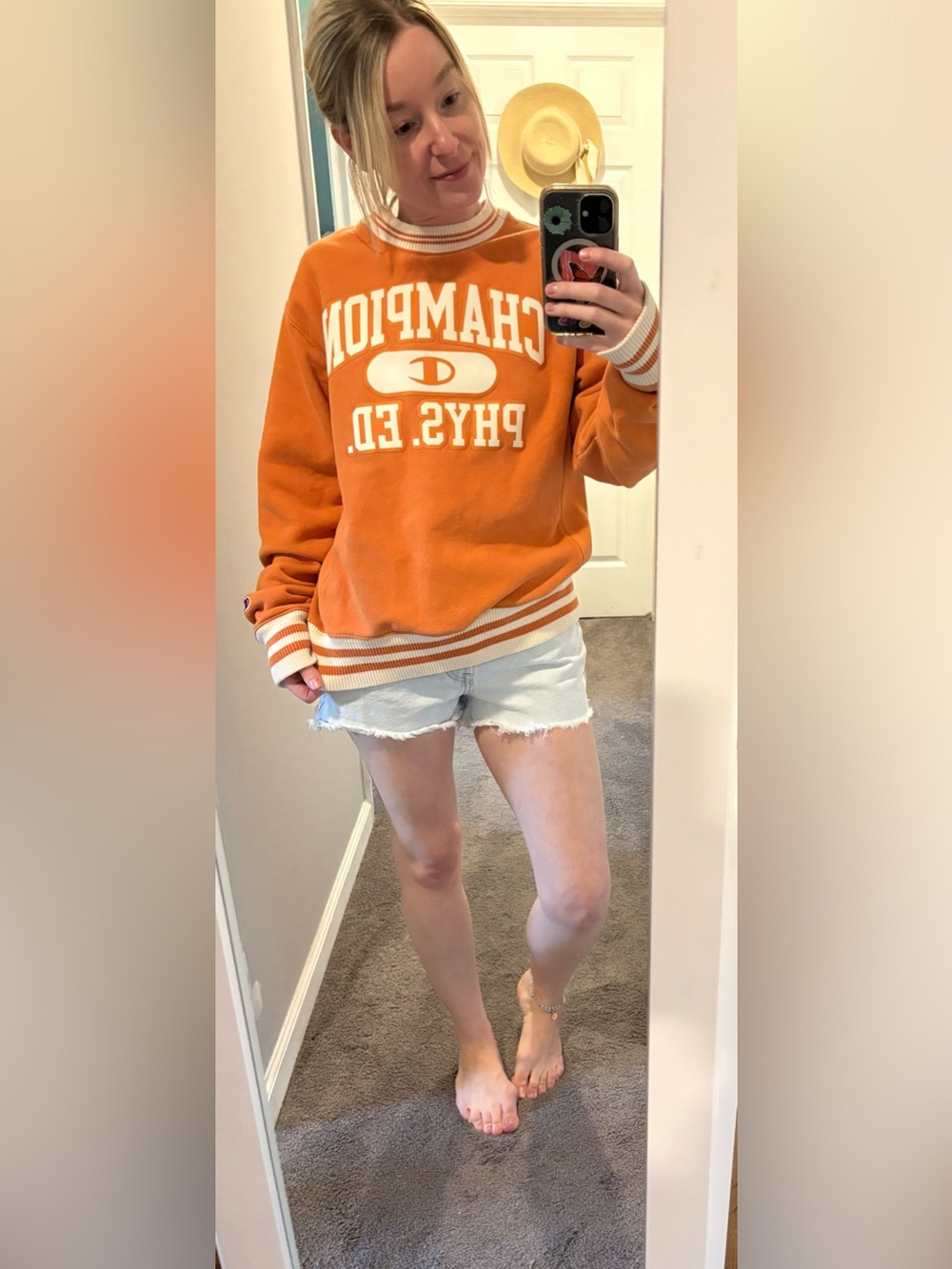 Champion Orange Varsity Stripe Crewneck Sweatshirt